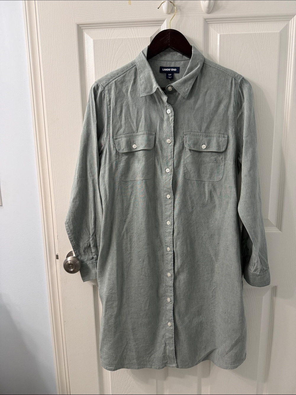 Lands' End Sage Green Button-Front Shirt Dress Size 12P